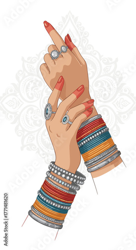 Elegant woman's hands adorned with colorful bangles and rings, a glimpse of Indian culture and artistry, perfect for fashion and lifestyle content