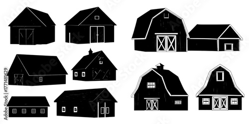 Modern cartoon illustration of rural farm houses with blue roofs and doors, old stable, building for cattle, storehouse for hay, featuring red wooden barns set isolated on white background and rustic