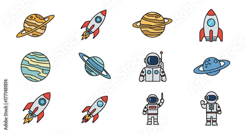 Colorful cartoon illustration of space exploration elements including planets and rockets