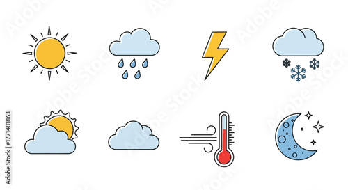 Colorful weather icons depicting sunshine rain lightning and other conditions