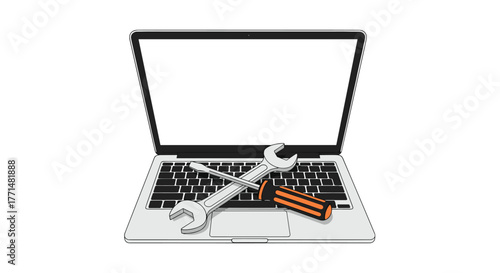 Troubleshooting laptop issues with screwdriver and wrench for tech repair solutions and technology support in modern digital world