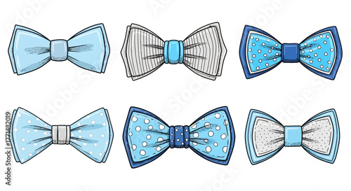 A collection of six stylish blue bow ties with various patterns. Classic men's fashion accessory set in a hand-drawn cartoon style, vector illustration isolated on white