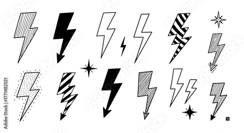 A diverse collection of hand-drawn lightning bolt and thunderbolt icons. This set features various doodle and sketch styles, perfect for graphic design elements