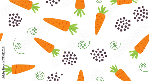 Seamless pattern with cute cartoon carrots and abstract elements. Vector vegetable food background design