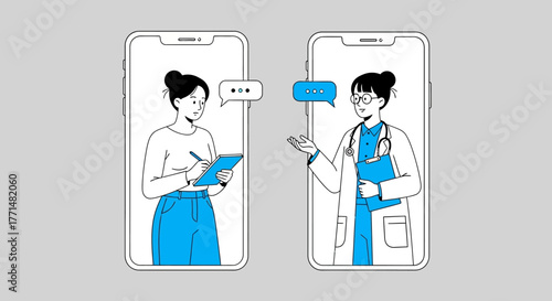 Online medical consultation Virtual doctor and patient interacting on smartphones for healthcare