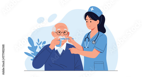 Caring nurse helping senior man with oral hygiene, promoting elderly dental care and health awareness at a clinic or home healthcare setting
