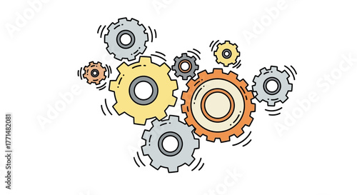 Colorful doodle style illustration of various interconnected gears, representing system integration, operational efficiency, and collaborative engineering processes with dynamic movement