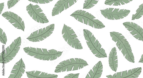 Seamless Pattern of Green Banana Leaves on White Background for Tropical Designs and Decorations