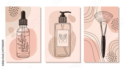 Aesthetic hand-drawn vector illustrations of beauty and self-care essentials botanical serum, lotion pump, and makeup brush, perfect for cosmetic branding