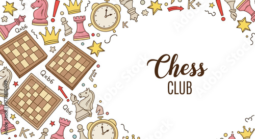 Decorative Chess Club Banner with Board and Pieces, Ideal for Tournament or Game Night Announcements