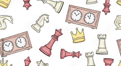Seamless pattern of colorful chess pieces and clocks, perfect for board game enthusiasts and designers seeking a playful yet strategic visual