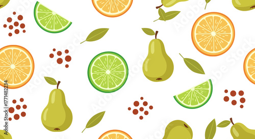 Seamless Fruity Pattern Pears, Oranges, Limes, and Berry Accents for Creative Designs