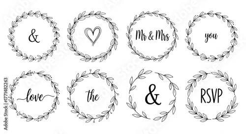 Elegant wedding wreath designs with Mr & Mrs, love, and RSVP elements in a floral style
