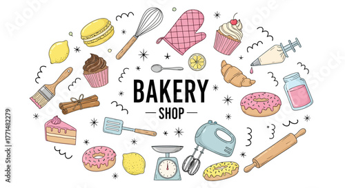 Bakery Shop with Baking Utensils and Sweets in Doodle Style, Macarons, Cakes, Croissant, Donut, Mixer, Rolling Pin Vector Illustration
