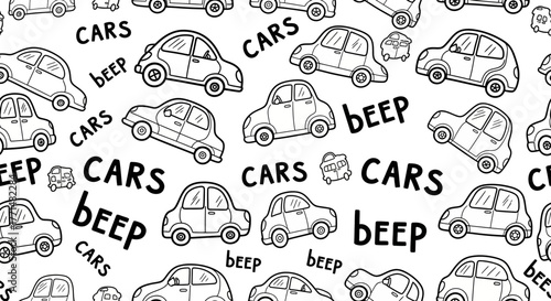 Playful black and white seamless background featuring hand-drawn cartoon cars and text. A fun transportation-themed vector graphic for children's designs