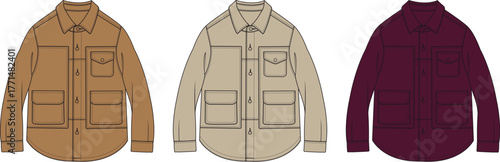 Versatile men's fashion a set of three flat vector illustrations featuring long-sleeve utility shirts with front pockets in different neutral and rich hues, suitable for design and apparel catalogs
