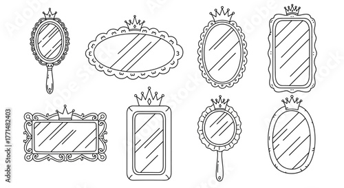 Elegant Mirror Collection Ornate Frames and Royal Crowns in Vector Line Art