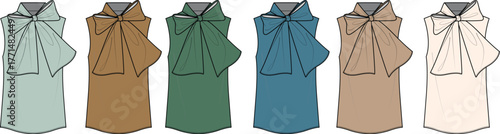 Set of women's sleeveless blouses with a large bow at the neckline. Technical flat sketch fashion illustration for apparel collection and manufacturing