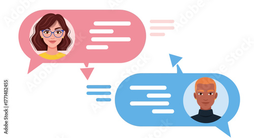 Vector illustration of a man and a woman communicating through a messenger application with colorful chat bubbles and user avatars