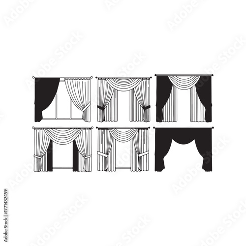 Illustration of collection of six different window curtain styles for interior design projects