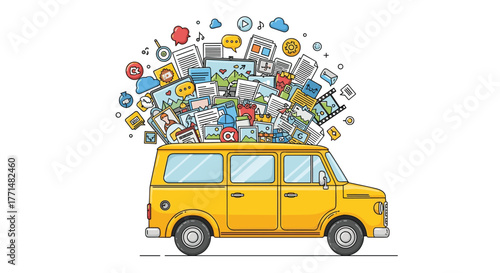 Yellow van overflowing with vibrant social media content ideal for marketing campaigns and digital media, symbolizing content overload and creation