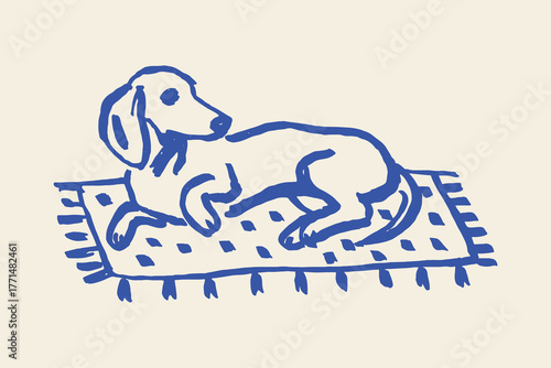 dachshund dog lying on rug doodle hand drawn sketch vector illustration