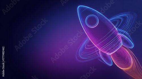 Digital rocket with neon effects against dark background futuristic concept