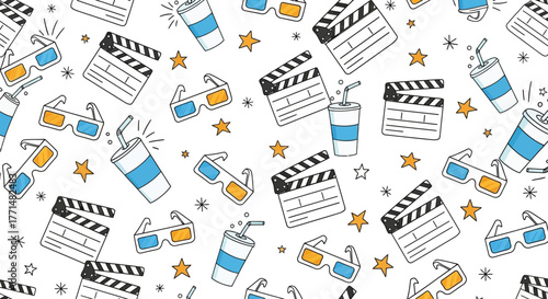 Fun Movie Time Seamless Pattern with Cinema Elements