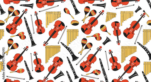 Colorful seamless vector pattern featuring orchestra instruments like violins, clarinets, and pan flutes on a white background