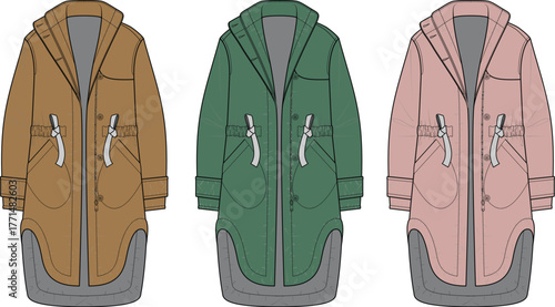 Fashionable women's parka coats in brown, green, and pink