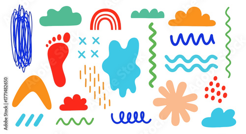 Playful assortment of unique hand-drawn doodle graphic elements, featuring colorful shapes and scribbles for creative projects
