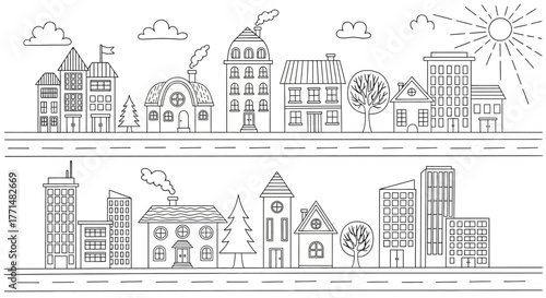 Urban Neighborhood Street View A Detailed Black and White Illustration of Residential Buildings and Cityscapes