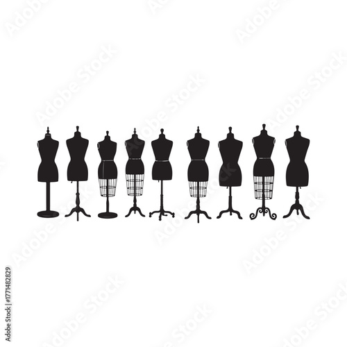 Illustration of row of black mannequin silhouettes for fashion design concept and sewing studio
