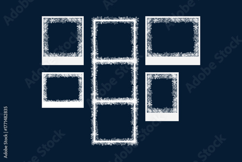 Snowflake photo frame set, snow Christmas New Year decoration, white frame with snowflakes inside, 2026, Happy New Year card border with many snowflakes. Merry christmas festival elegant banner