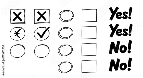 Collection of Hand-Drawn Survey Input Elements Featuring Checkmarks, Crosses, Circles, and 'Yes'/'No' Text for Voting and Feedback Forms