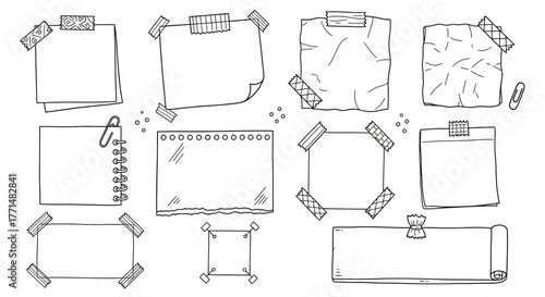Hand-drawn doodle collection of blank sticky notes, reminder paper sheets, and memo pads with tape and clips. Vector sketch illustration set of notepads