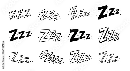 A diverse collection of hand-drawn Zzz sleep and snoring letter icons. Set of doodle comic book symbols for rest and tiredness