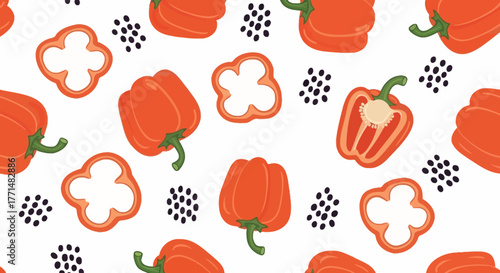 Creative decorative seamless pattern featuring whole and sliced red bell peppers. Flat vector food illustration for textile or wallpaper