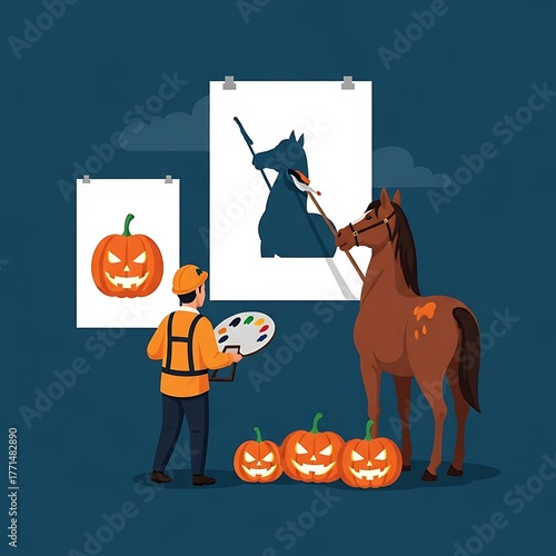 An artist paints a spooky horse portrait and jack-o'-lanterns, preparing for a Halloween celebration
