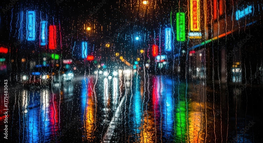 Obraz premium Vibrant neon city lights through rainy window at night