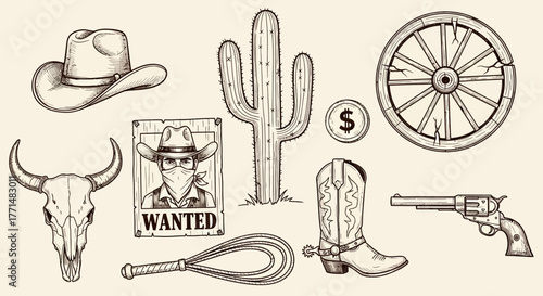 Western Cowboy Icons A Collection of Hand-Drawn Elements for Design and Illustration Projects