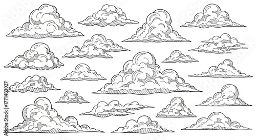 A comprehensive collection of diverse hand-drawn cloud illustrations, featuring various cumulus shapes and atmospheric elements in an artistic sketch style, ideal for graphic