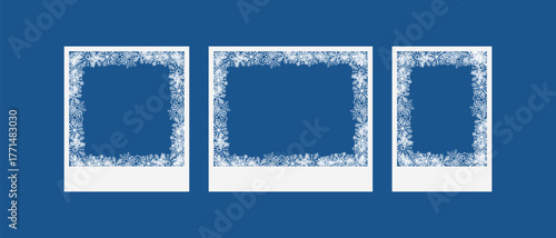Snowflake photo frame set, snow Christmas New Year decoration, white frame with snowflakes inside, 2026, Happy New Year card border with many snowflakes. Merry christmas festival elegant banner