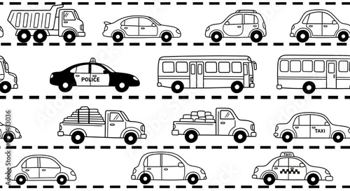 Seamless black and white pattern with cute cartoon transport vehicles. Doodle style cars, buses, and trucks on a road background for kids