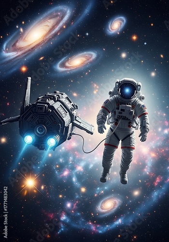 An astronaut floats in space near a spaceship, encircled by swirling galaxies and glittering stars in the cosmic expanse