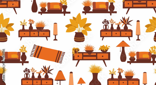 Seamless pattern of mid-century modern furniture and home decor items in warm autumnal colors