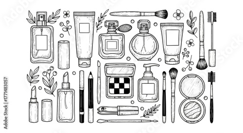 Elegant Sketch of Cosmetics and Beauty Products Collection
