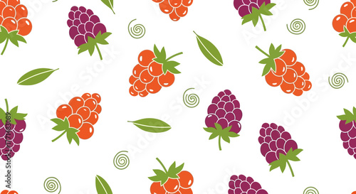 Delicate Berry Garden Seamless Pattern of Raspberries, Blackberries, and Leaves