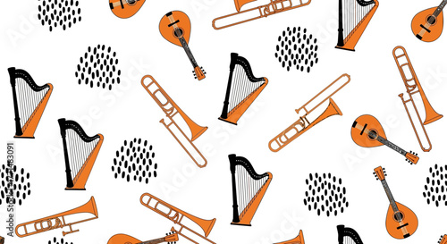 Seamless Pattern of Musical Instruments and Abstract Shapes for Creative Design