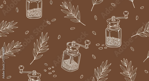 Elegant Culinary Pattern Herbs and Pepper Mills on Brown Background